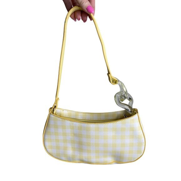 Y2K Yellow & White Gingham Shoulder Bag With Acrylic Chain Detail Zipper Closure - Picture 3 of 7